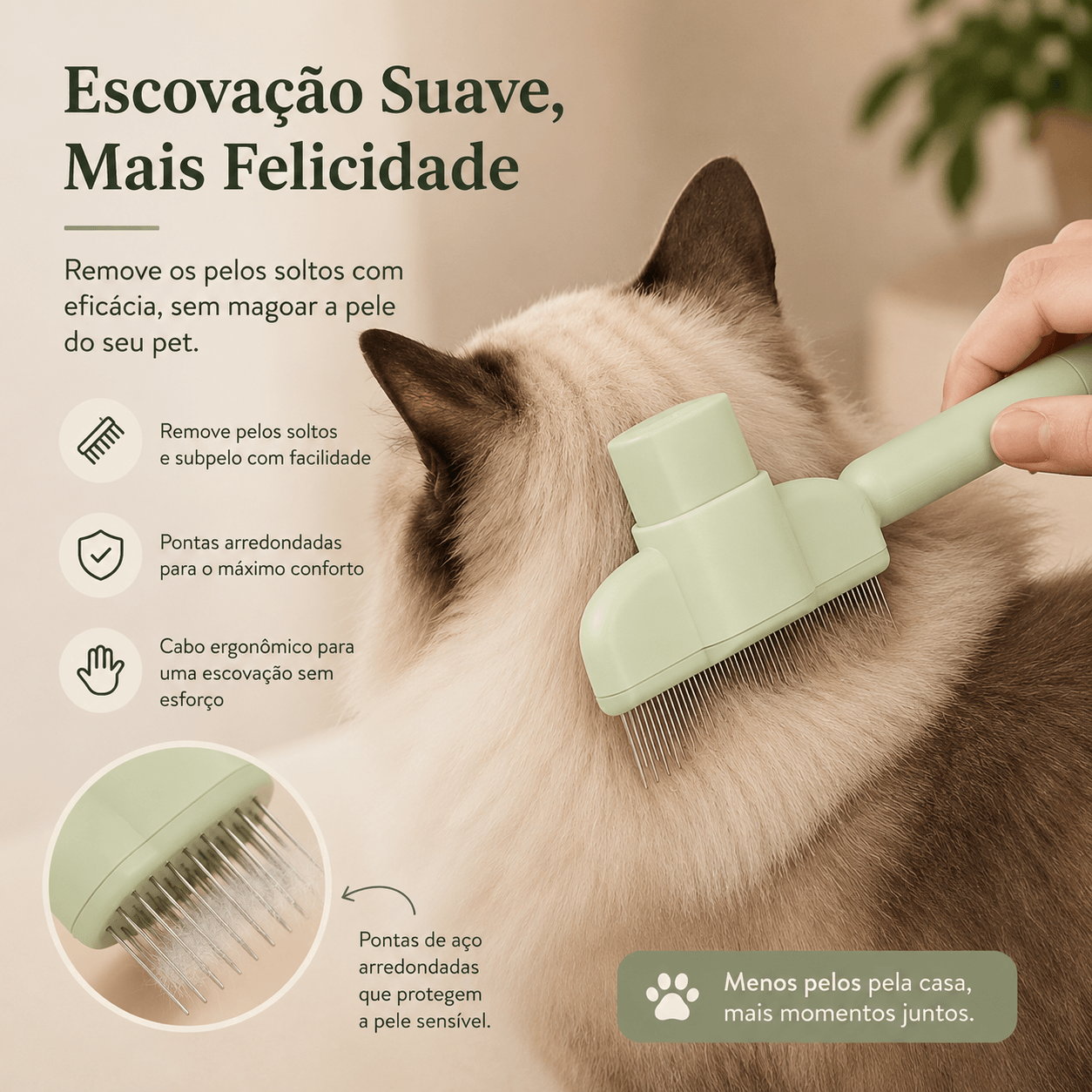 Escova Autolimpante para Gatos e Cães – Remove Pelos e Desembaraça sem Esforço