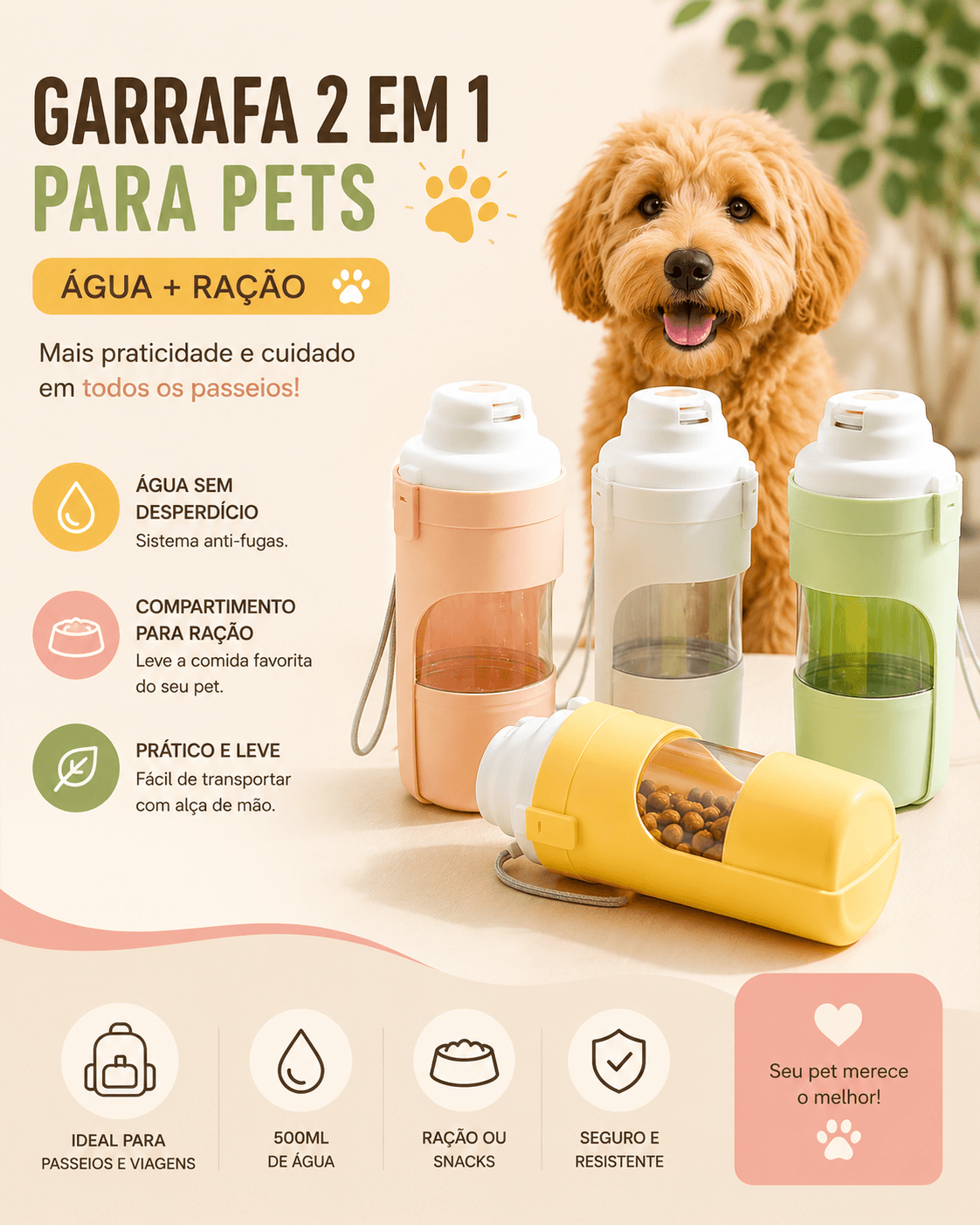 Garrafa Portátil 2 em 1 para Cães e Gatos – Água + Ração | 500ml