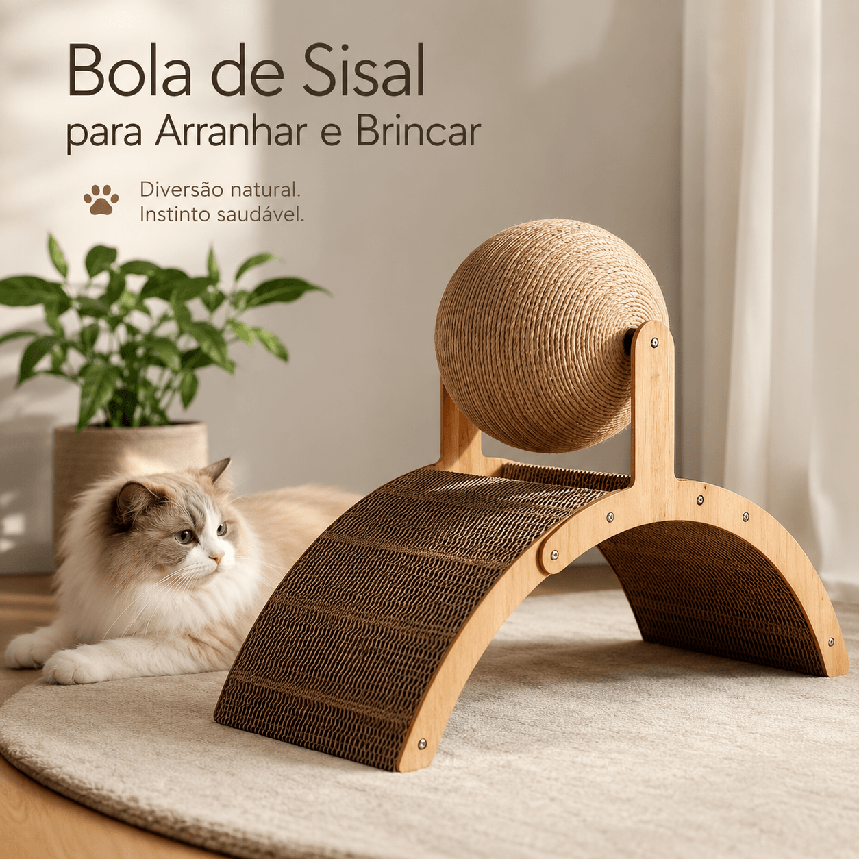 Arranhador Interativo em Madeira com Bola de Sisal