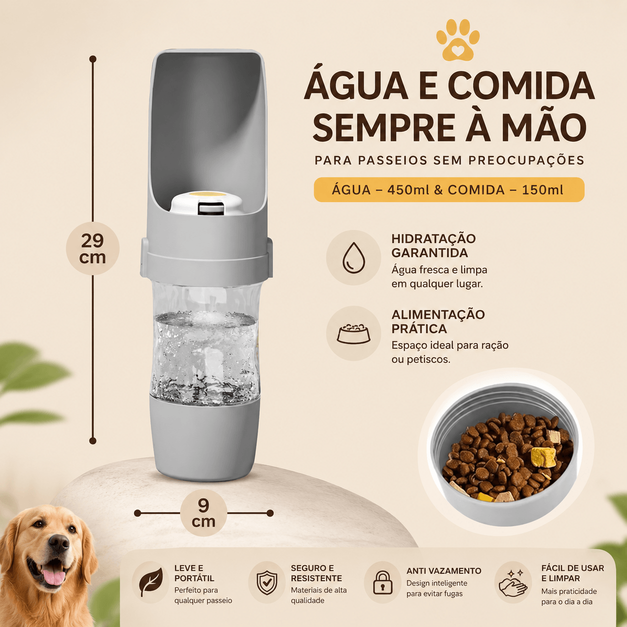 Garrafa Portátil 2 em 1 para Cães e Gatos – Água + Ração | 500ml