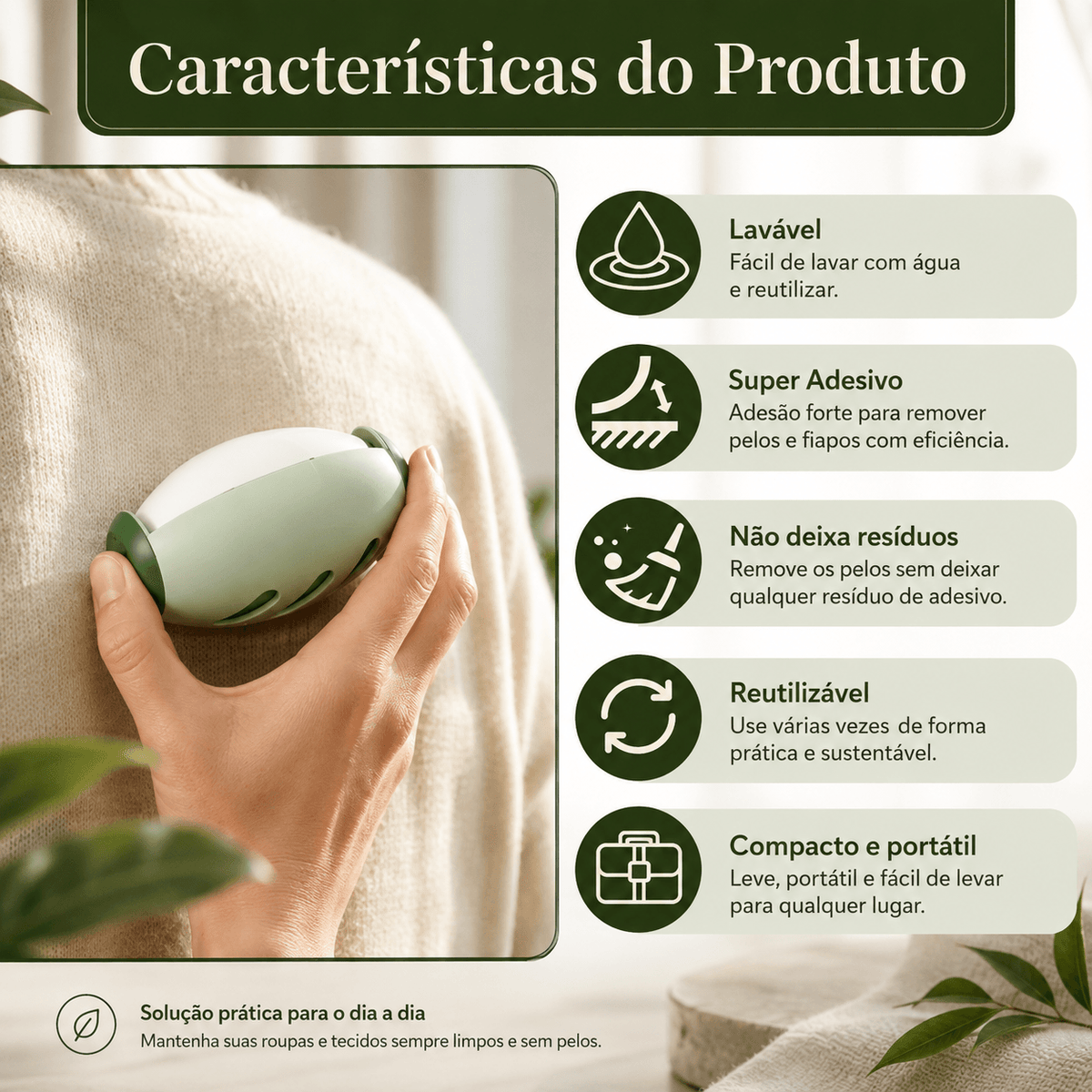 Removedor de Pelos e Fiapos Reutilizável – Lavável e Portátil