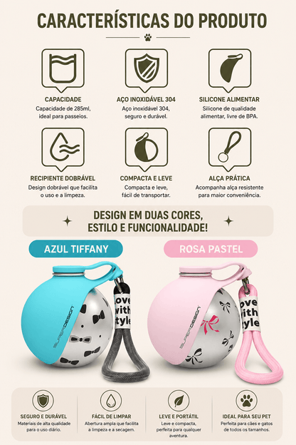Botella de agua portátil Pokpaw para perros a prueba de fugas, botella de agua de viaje compacta para perros pequeños y gatos, botella de acero inoxidable, comedero para perros 2 en 1