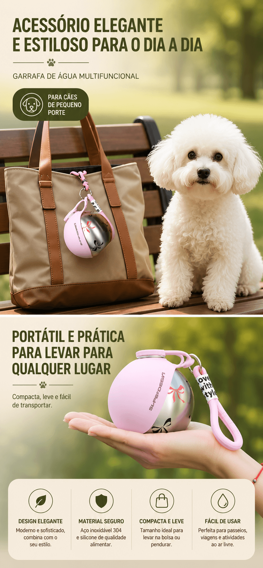 Botella de agua portátil Pokpaw para perros a prueba de fugas, botella de agua de viaje compacta para perros pequeños y gatos, botella de acero inoxidable, comedero para perros 2 en 1