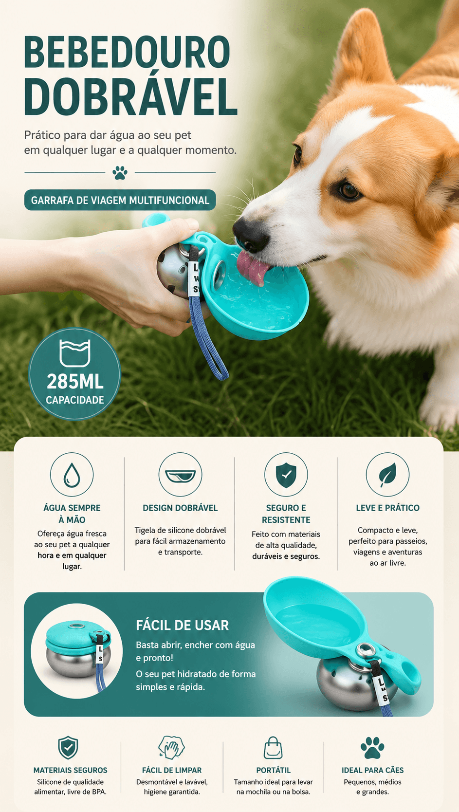 Botella de agua portátil Pokpaw para perros a prueba de fugas, botella de agua de viaje compacta para perros pequeños y gatos, botella de acero inoxidable, comedero para perros 2 en 1