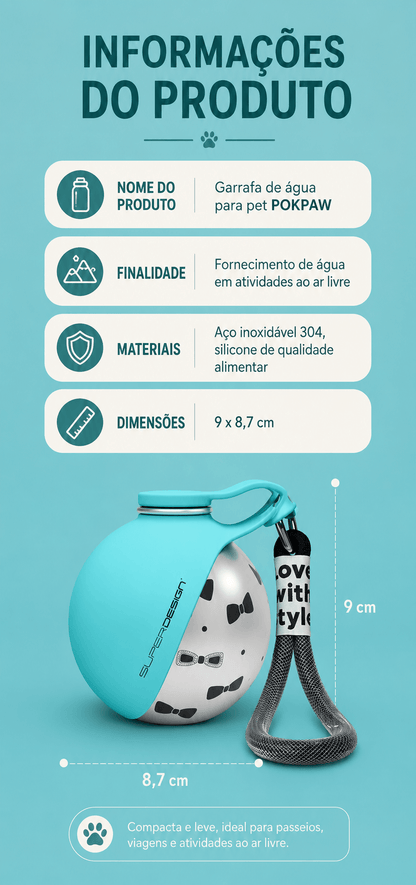 Botella de agua portátil Pokpaw para perros a prueba de fugas, botella de agua de viaje compacta para perros pequeños y gatos, botella de acero inoxidable, comedero para perros 2 en 1